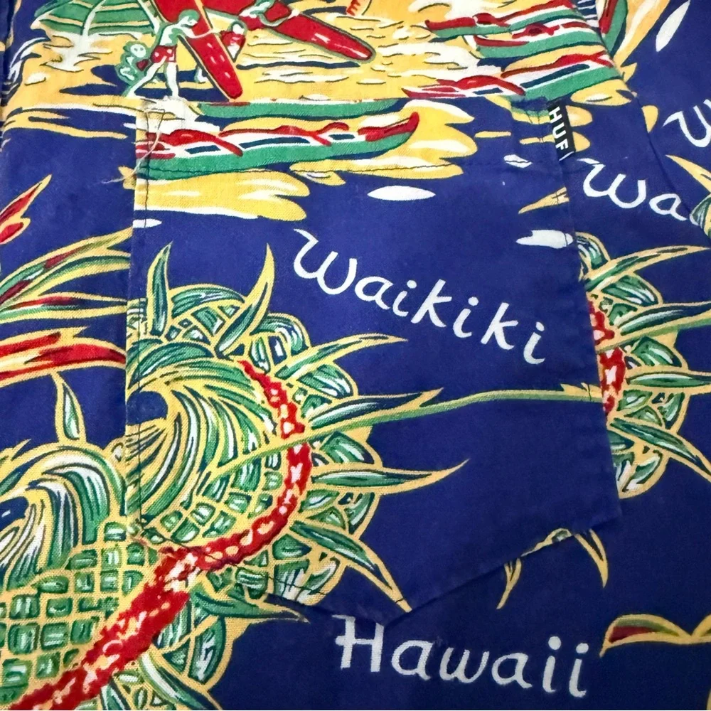HUF Hawaiian Button‎ Down Shirt XL 100% Cotton Tropical Aloha Print Blue Surf